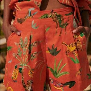Sezane Orange Jungle Print High Waist Shorts
